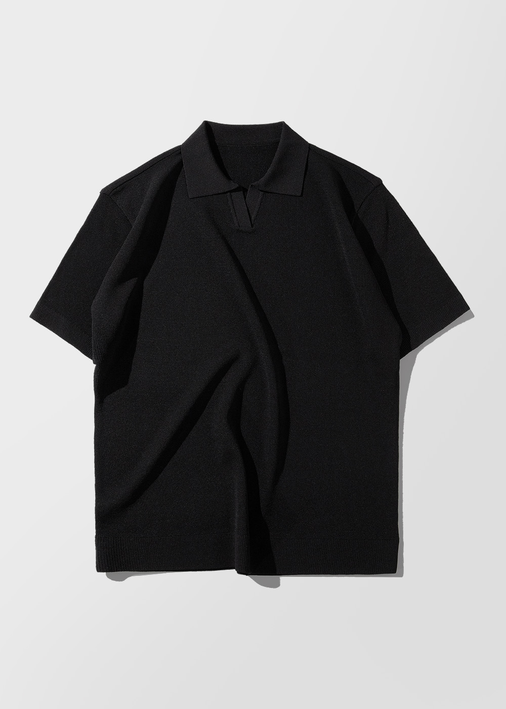 Rayon Blended Waffle Texture Short Sleeve Collar Knit _ triple black